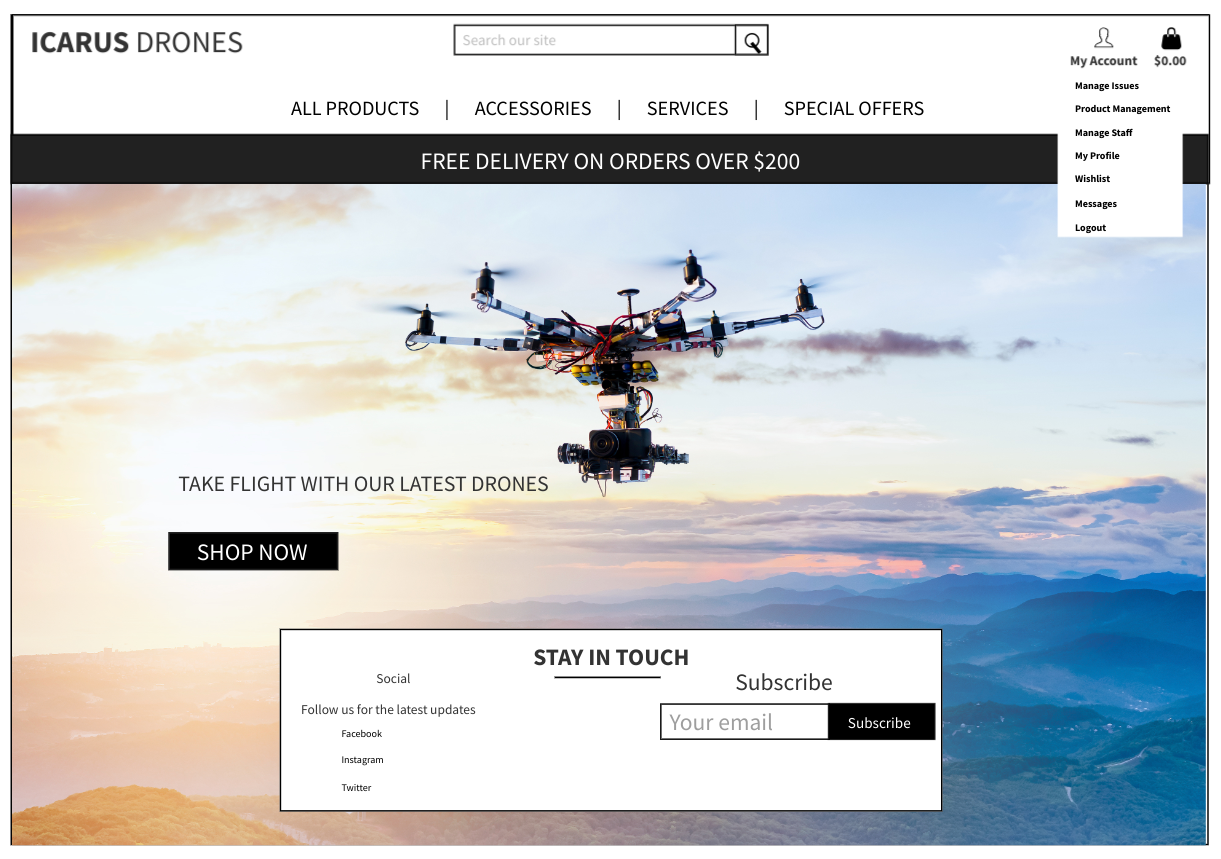 Wireframe - Home page - visible dropdown menu