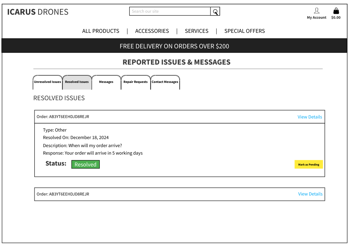 Wireframe - Issues & Messages - Resolved issues tab