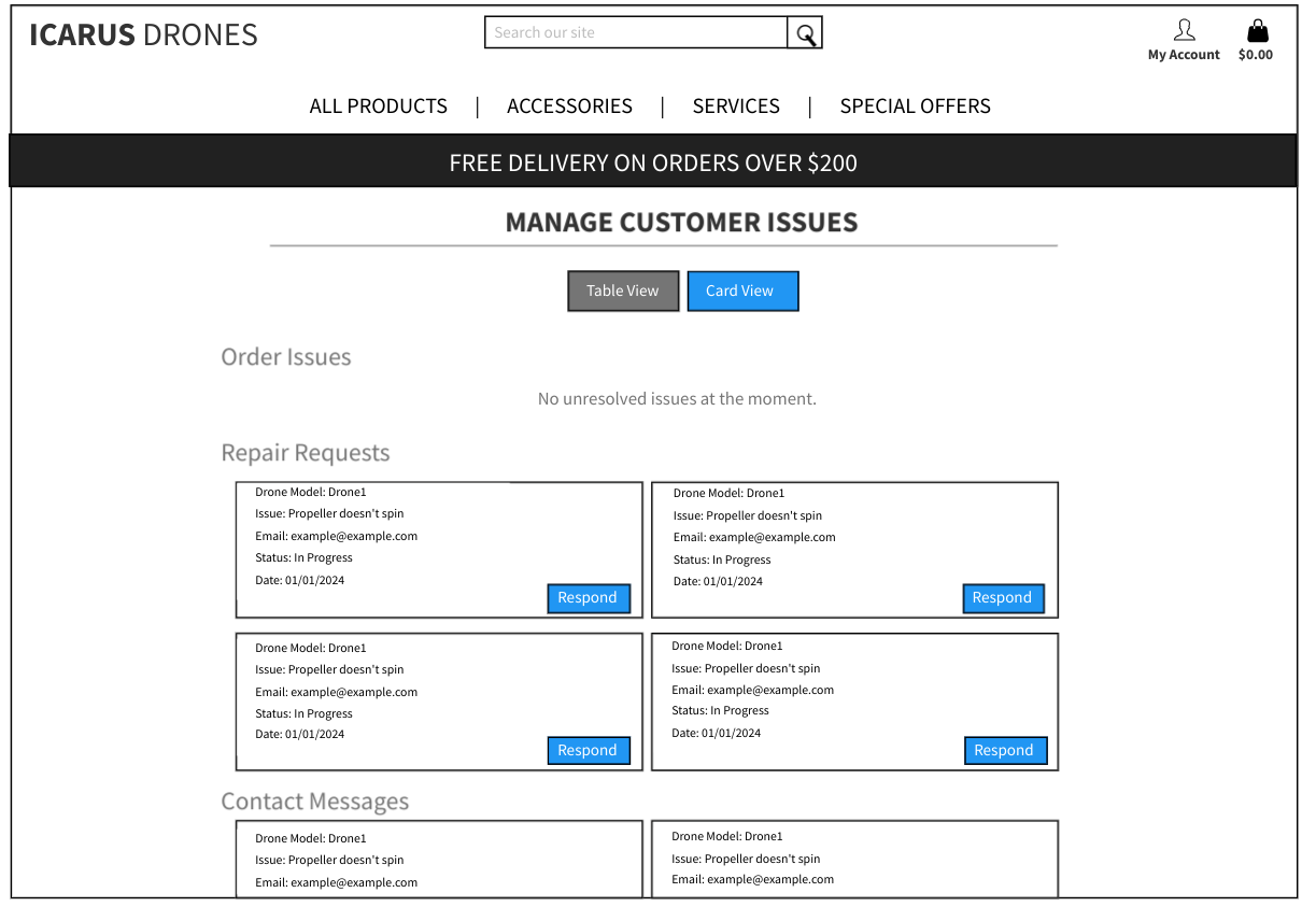 Wireframe - Manage issues - Card View